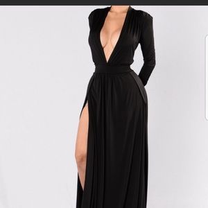 Black long sleeve deep plunge high slits dress